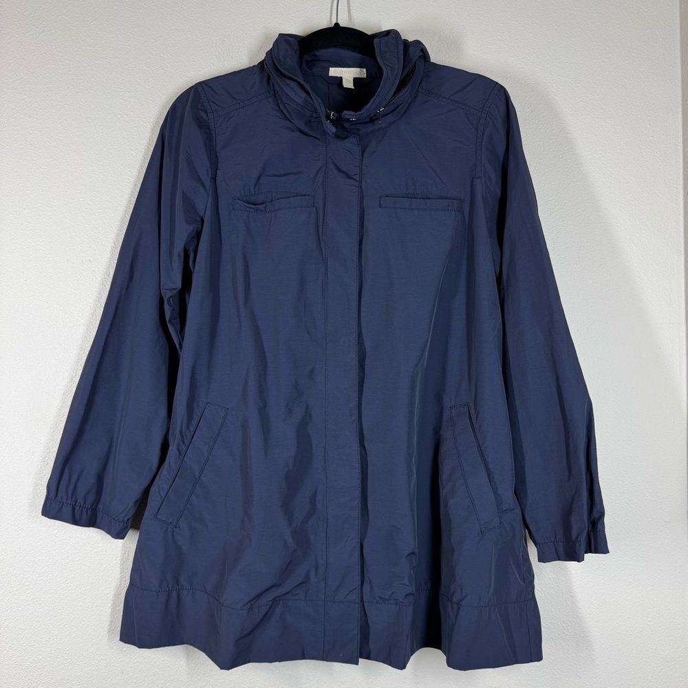Eileen Fisher Rain Jacket Long Coat Blue Hidden Hood Waterproof Size Small Flaw